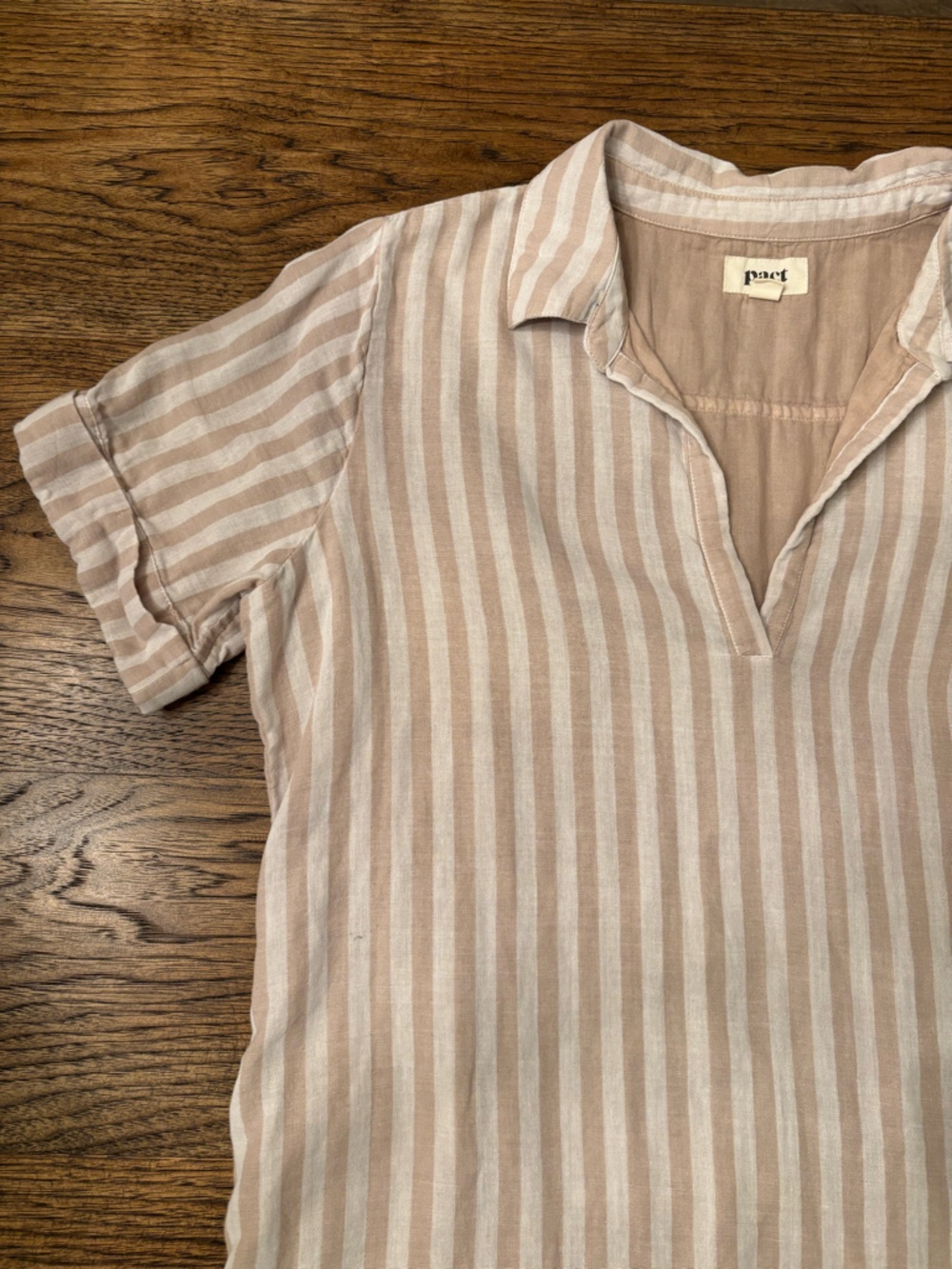 Pact Organic Cotton Shirt Dress Beige Pink Stripe Medium Relaxed Coastal Tunic - Picture 6 of 14